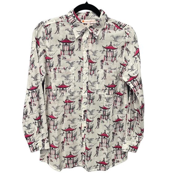 NWT Jude Connally Callie Pagoda Toile White Pink Long Sleeve Button Down XS - Picture 1 of 7